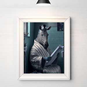 Zebra on the Toilet, Blue Bathroom Print, Animal on the Loo, Animal in the Toilet, Bathroom Art, Animal Reading Newspaper