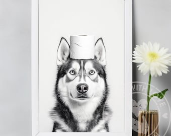 Husky Wall Art, Funny Bathroom Print, Toilet Poster, Husky in Toilet, Bathroom Art, Siberian Husky Printable