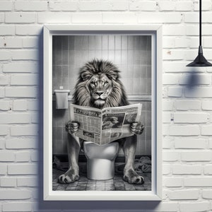 Décoration murale Lion, Impression amusante pour salle de bain, Affiche de toilettes, Art de salle de bain, Lion imprimable, Noir et blanc, Salle de bain pour enfants