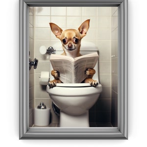 Chihuahua Sitting on the Toilet Reading a Newspaper, Funny Bathroom Wall Art, Funny Dog Photo, Animal Prints, Home Printable, Digital Art
