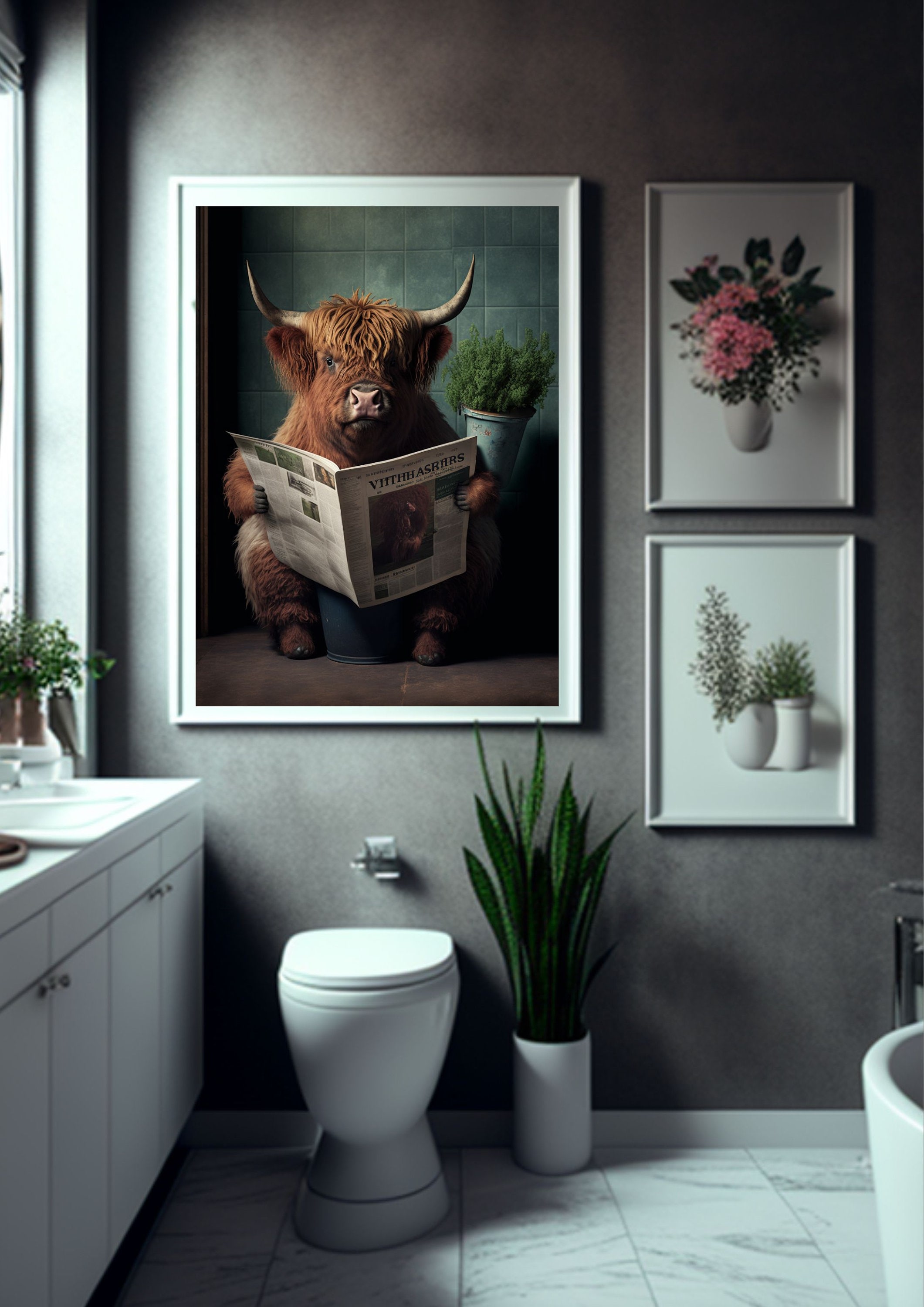 Highland Cow on Toilet Bathroom Print, Animal on Toilet Funny Bathroom ...