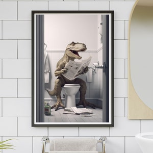 dinosaur in toilet Reading a Newspaper, Funny Bathroom Humor, Wall Decor, Funny Dinosaur Print, Home Printables, AI Digital Prints