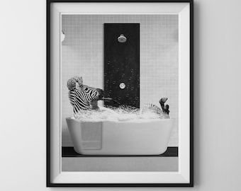Zebra in a bathtub, funny bathroom print, Safari Bathroom Art, Animal in bathtub, Zebra in Tub Print, Funny Animal Art
