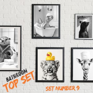 Bathroom Decor Gift Wall Art, SET of 5, bathroom art Animal Photo Print, Animal on Toilet, Animals in Bath and in Bathrobe,  black and white