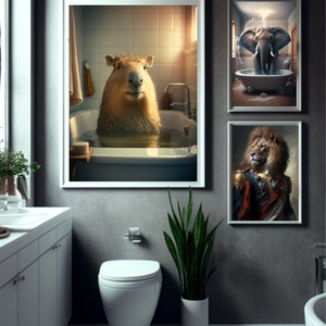 May include: Three framed pictures in a bathroom setting. The first picture shows a capybara taking a bath in a white bathtub. The second picture shows an elephant taking a bath in a white bathtub. The third picture shows a lion wearing a military uniform.