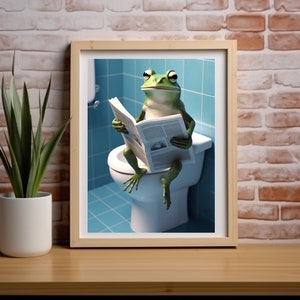 Frog Sitting on the Toilet Reading a Newspaper, Funny Bathroom Humor, Wall Decor, Funny Animal Print, Home Printables, AI Digital Prints