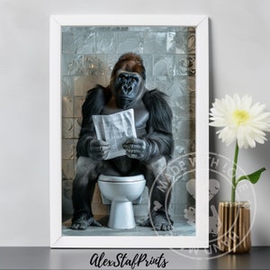 Arte de parede de gorila, decoração engraçada de banheiro, gorila no banheiro, animal no banheiro, arte de gorila, presente de gorila, download digital para impressão de gorila
