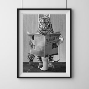 Tiger in Bathroom Printable, Bathroom tiger, Funny Bathroom Print, Animal on toilet, Whimsy Animal Art, Kids Bathroom Art tiger