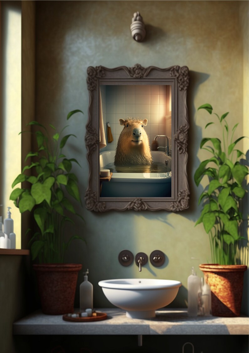 May include: A framed picture of a capybara taking a bath in a white bathtub. The picture is hanging on a wall in a bathroom with a white sink and green plants.