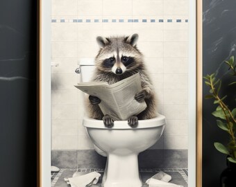 Wasbeer op het toilet leest de krant, grappige badkamerkunst, toilethumor dierenprint