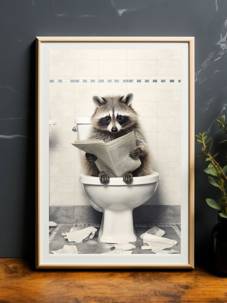 Raccoon on the Toilet Reading Newspaper, Funny Bathroom Art, Toilet ...