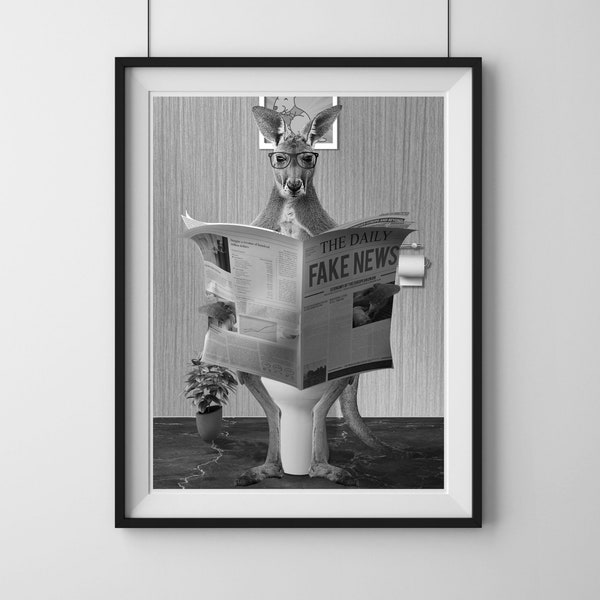 Bathroom Wall Art,Kangaroo Digital Print,Funny Bathroom Art,animal Illustration,Printable Wall Decor,Kangaroo Sitting Toilet, Funny toilet