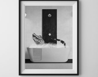 Alligator in the bathroom, Alligator Bathing, Funny Bathroom Print, Woodland Animal Art, Animal in bathtub, Bear in Tub, Whimsy Animal Art