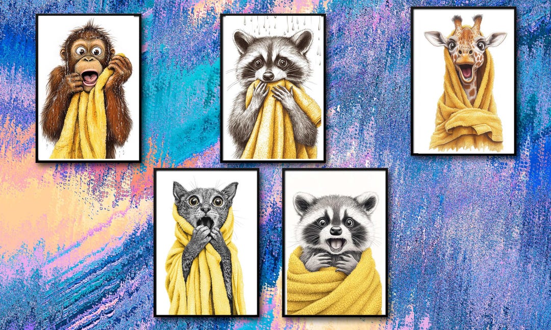 Funny Wall Art Bundle of 5, Animal Bathroom Print Set, Raccoon, Cat ...