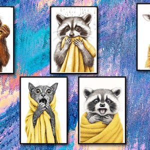 Funny Wall Art Bundle of 5, Animal Bathroom Print Set, Raccoon, Cat, bathroom art, raccoon, Toilet Humor, Funny giraffe, Animals after bath