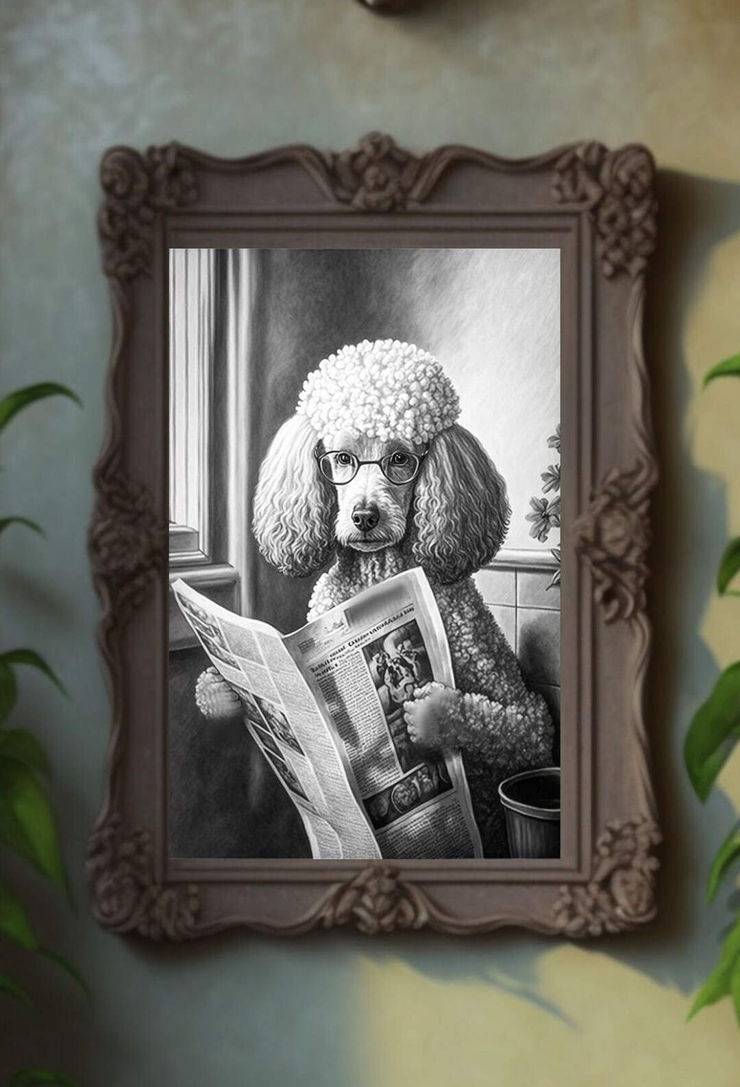 Charming Poodle on Toilet - Black and White Newspaper Reading Art Print ...