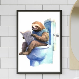 Sloth Sitting on the Toilet Reading a Newspaper, Funny Bathroom Humor, Wall Decor, Funny Animal Print, Home Printables, AI Digital Prints