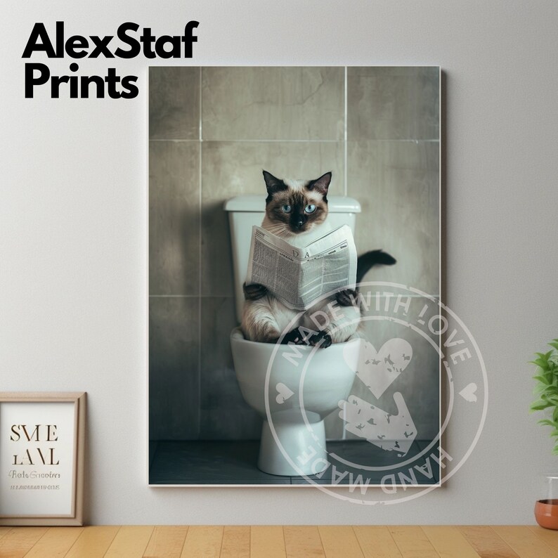 Siamese Cat on Toilet Funny Cat Bathroom Printable, Safari Animal Art ...