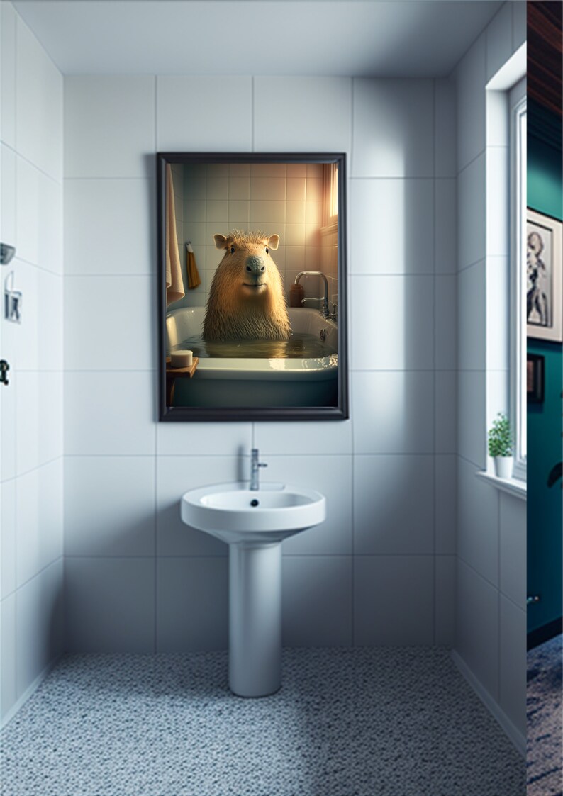 May include: A framed print of a capybara taking a bath in a white bathtub. The capybara is looking directly at the camera. The print is hanging on a white tiled wall in a bathroom.
