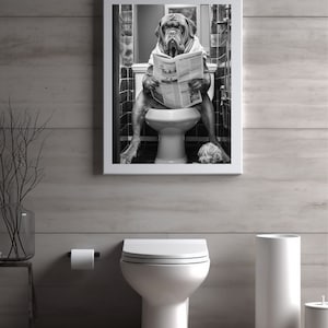 Funny Dog Bathroom Art - Poodle Reading Newspaper, Humorous Animal Print, Quirky Bathroom Decor, Dog Lover Gift, Modern Wall Art