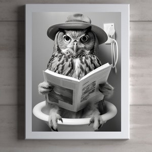 Owl Sitting on the Toilet Reading a Newspaper, Funny Bathroom Humor, Wall Decor, Funny Animal Print, Home Printables, AI Digital Art