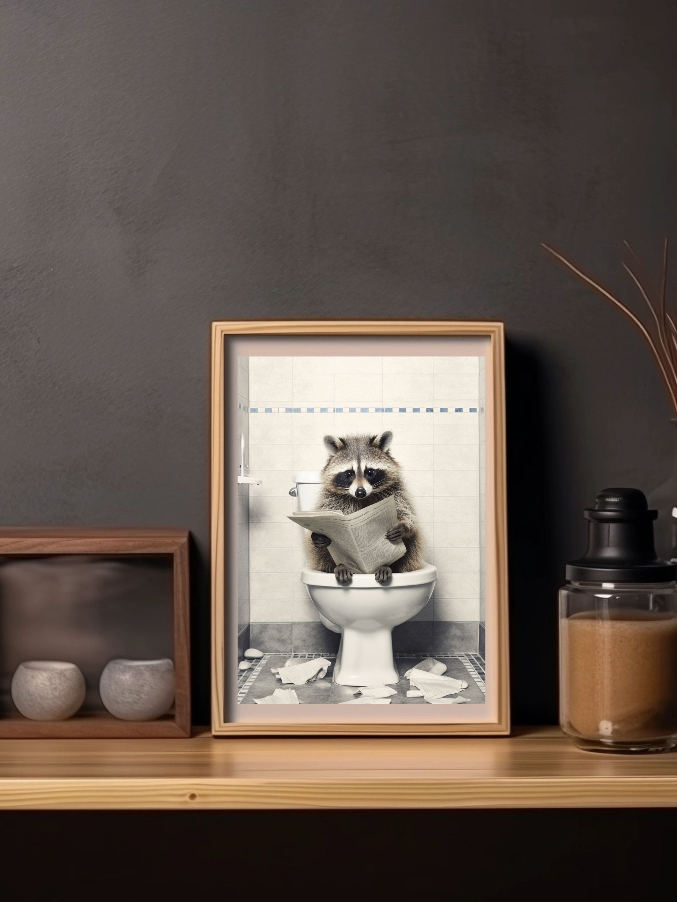 Raccoon on the Toilet Reading Newspaper, Funny Bathroom Art, Toilet ...