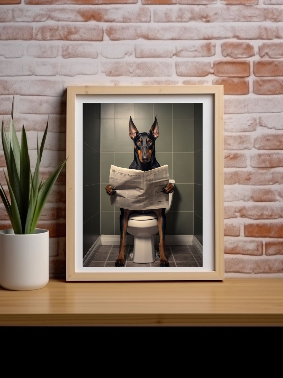 Dazzlewall Lustiges Badezimmer Bild Hund Auf Toilette - 12x16 Zoll Leinwand