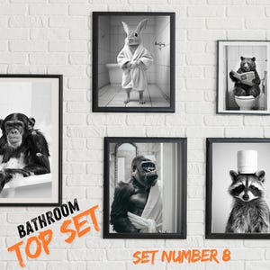 Bathroom Decor Wall Art, SET of 5, bathroom art Animal Photo Print, Animal on Toilet, Animals in Bath and in Bathrobe,  black and white