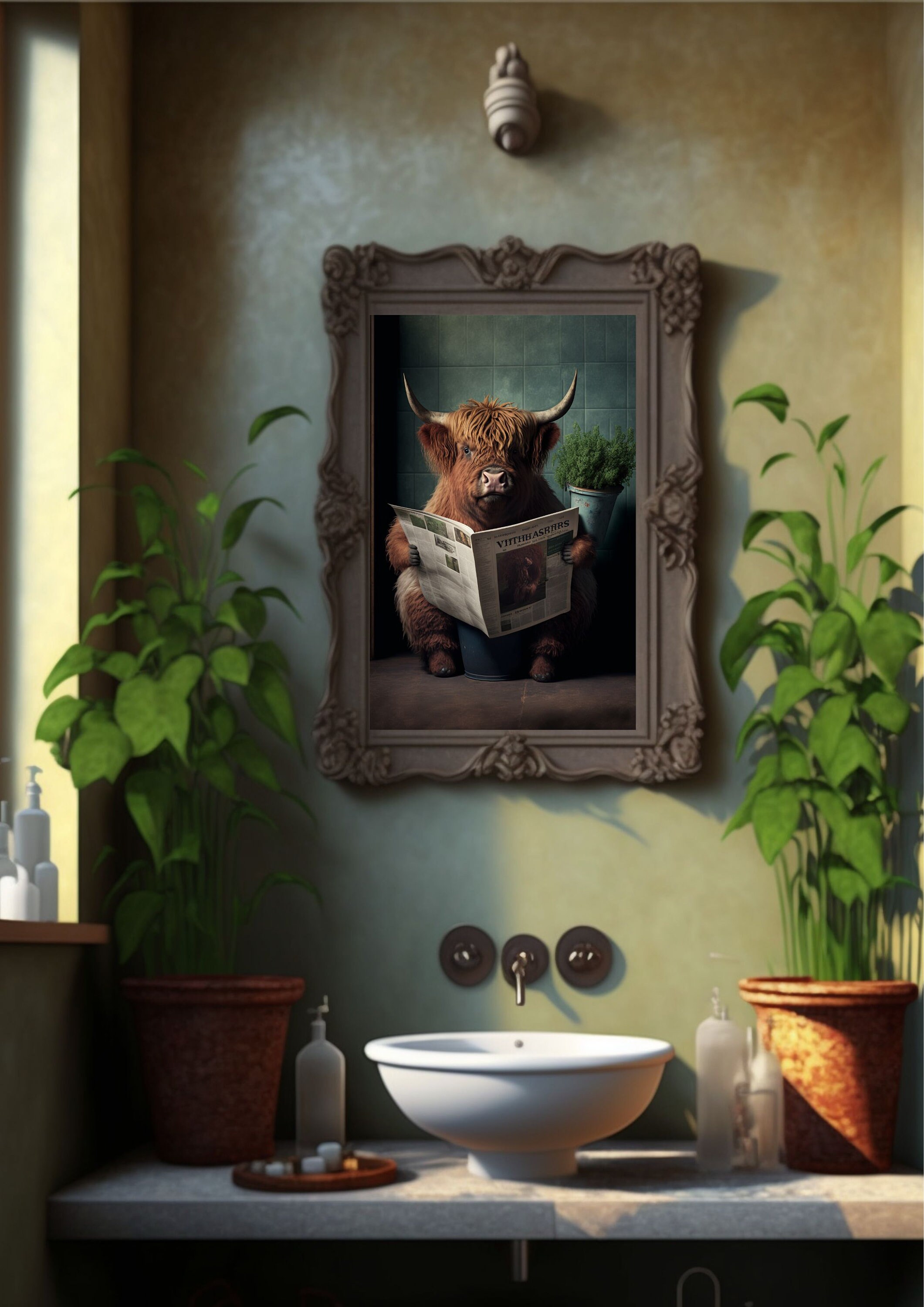 Highland Cow on Toilet Bathroom Print, Animal on Toilet Funny Bathroom ...