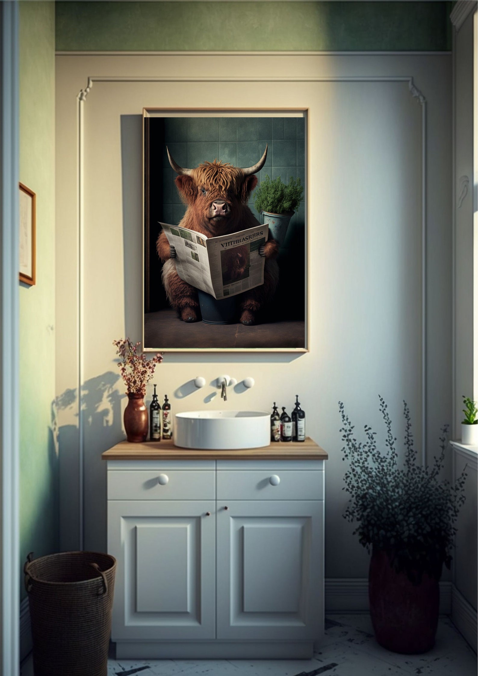 Highland Cow on Toilet Bathroom Print, Animal on Toilet Funny Bathroom ...
