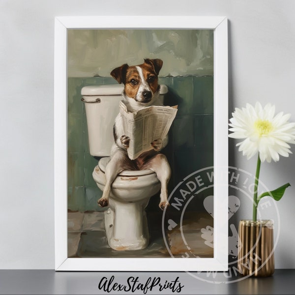 Jack Russell Terrier Bathroom PRINTABLE Art Sitting On Toilet Reading Newspaper, Animal Bathroom Print Pet Prints WALL ART, Digital Download