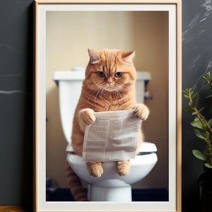 Cat Sitting on the Toilet Reading a Newspaper, Funny Bathroom Decor, Funny and Quirky Animal Print, AI Home Prints,