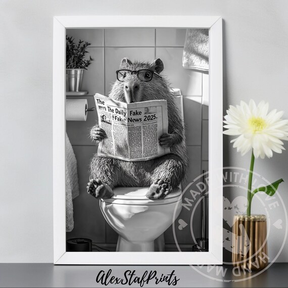 Capybara Wall, Art Funny Bathroom, Cute Capybara Art, Capybara Poster, Capybara Print, Whimsy Animal Art, Capybara Reading, Kids Bathroom