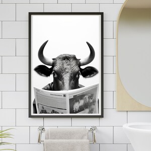 Highland Cow Sitting On The Toilet Reading A Newspaper, Funny Animal Print, Funny Bathroom Wall Decor, Bathroom Humor, Kids Bathroom