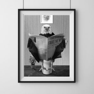 Eagle Print, Funny Bathroom Decor, Eagle in Toilet, Animal in toilet, Black And White Eagle, Whimsy Animal Art, Kids Bathroom Wall Art