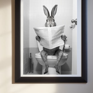 Rabbit Sitting on the Toilet Reading a Newspaper, Funny Bathroom Humor, Wall Decor, Funny Animal Print, Bunny, Printables, AI Digital Prints