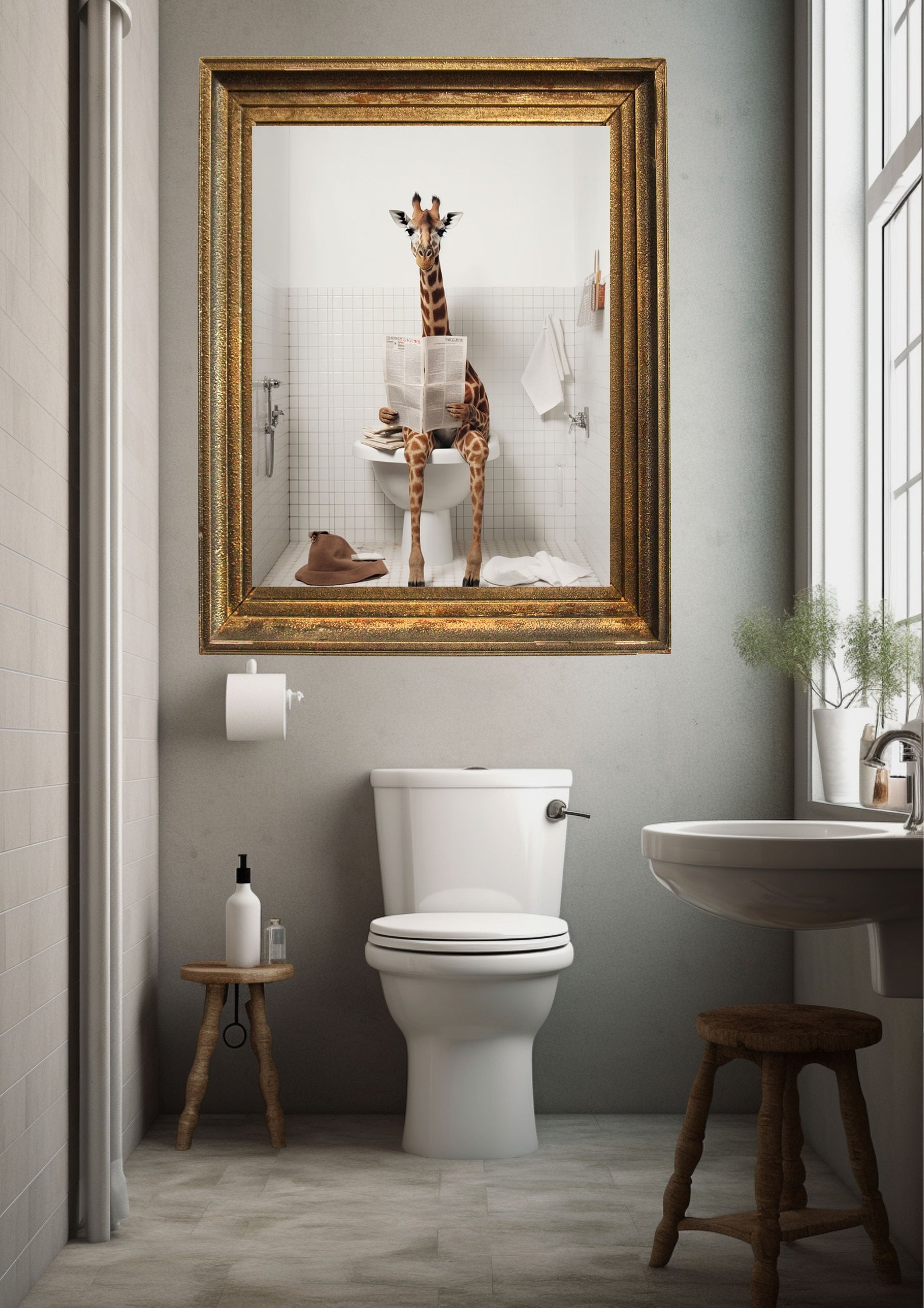 Giraffe on the Toilet, Blue Bathroom Print, Bathroom Wall Art, Bathroom ...