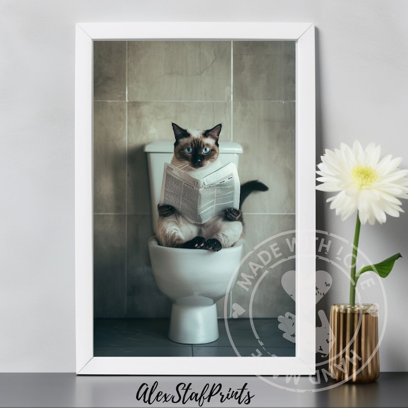 Siamese Cat on Toilet Funny Cat Bathroom Printable, Safari Animal Art ...
