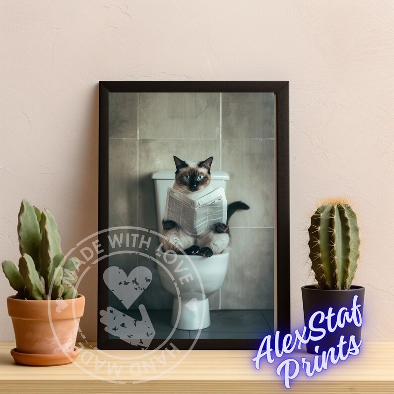 Siamese Cat on Toilet Funny Cat Bathroom Printable, Safari Animal Art ...