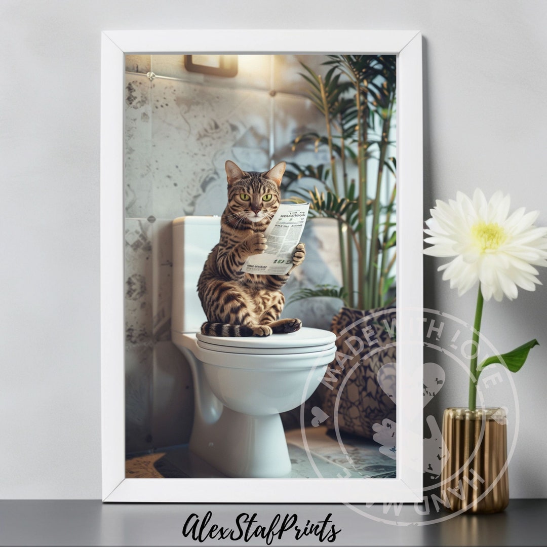 Bathroom Wall Art Bengal Cat on Toilet Reading Newspaper Bathroom Humor ...