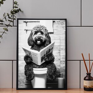 Könnte beinhalten: Schwarzweißfoto eines Hundes, der auf einer Toilette sitzt und eine Zeitung liest. Der Hund lächelt und hat einen glücklichen Gesichtsausdruck.