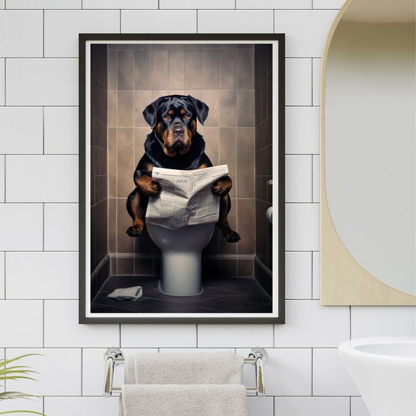 Rottweiler Art, Impression drôle de salle de bains, Affiche de toilette, Art de salle de bains, Rottweiler imprimable, Art animalier fantaisiste, art de salle de bains pour chiens