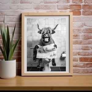 Highland Cow Sitting on the Toilet Reading a Newspaper, Funny Bathroom Wall Decor, Funny Animal Print, Home Printable, Digital Download