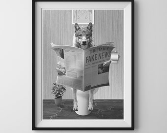 FUNNY BATHROOM PRINT wolf, wolf in Toilet,Kids Bathroom Print, Animal in bathtub, Toilet Wall Art Print,Whimsy Animal Art wolf