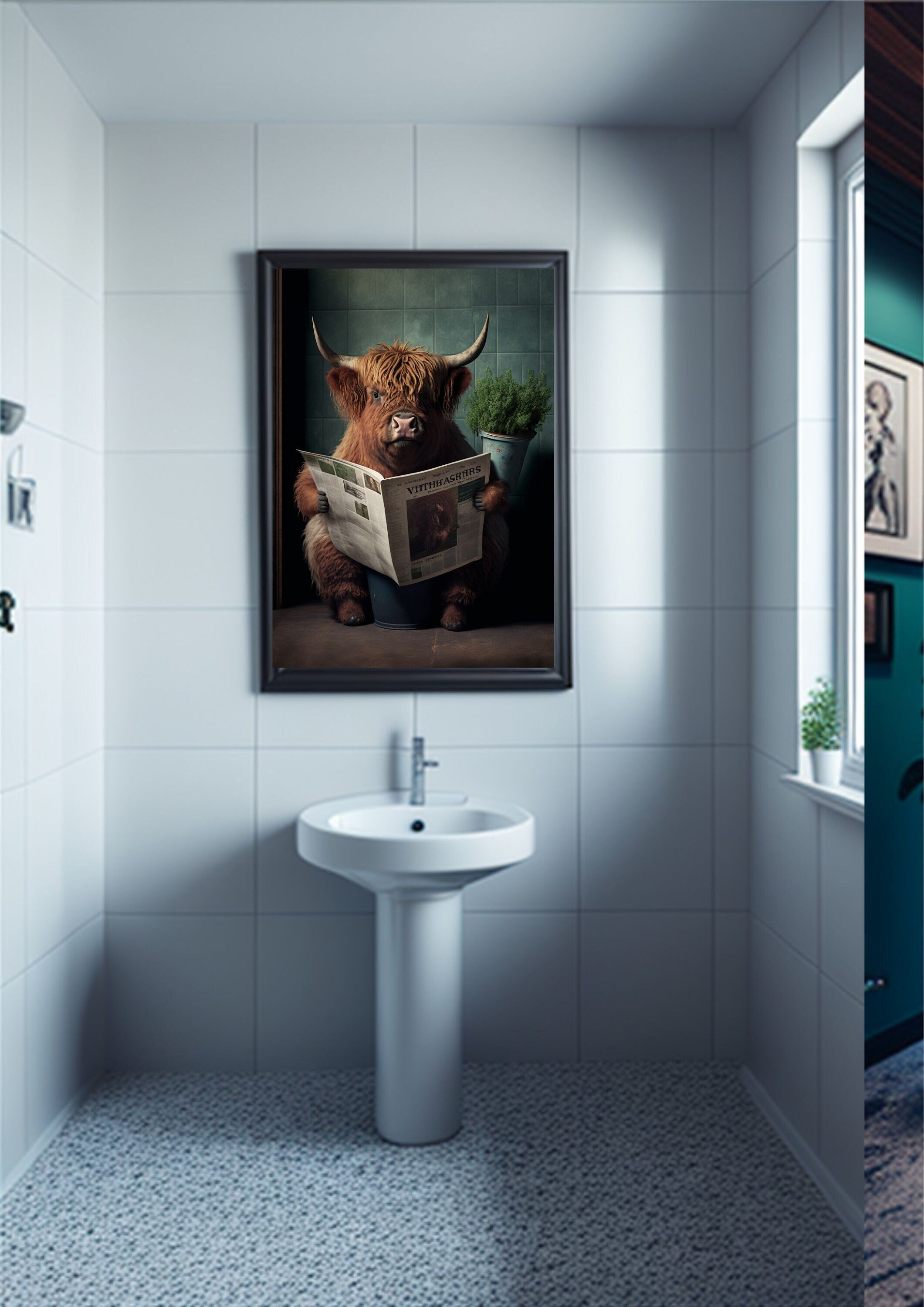 Highland Cow on Toilet Bathroom Print, Animal on Toilet Funny Bathroom ...
