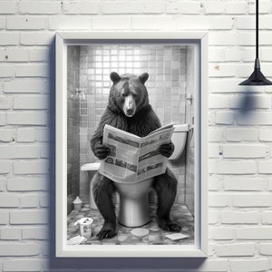 Bear Print, Funny Bathroom Decor, Bear in Toilet, Animal in toilet, Black And White Bear, Whimsy Animal Art, Kids Bathroom Wall Art