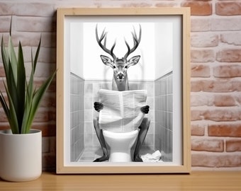 Deer Buck Reading Newspaper, Deer on Toilet, Funny Bathroom Print, Black and White, Animal on toilet, Whimsy Animal Art, Kids Bathroom Art