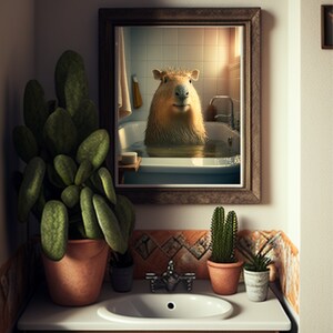 May include: A capybara sits in a bathtub, looking at the camera, in a bathroom with a mirror, a sink, and plants.