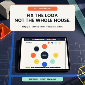 May include: A digital planner displayed on a tablet screen showing a Signal Board with colourful octagonal icons. The text reads: 2027 MONDAY START, FIX THE LOOP. NOT THE WHOLE HOUSE., 304 pages, 6,604 hyperlinks, 8 household systems, DIGITAL PDF INSTANT DOWNLOAD.