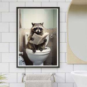 Raccoon Sitting on the Toilet Reading a Newspaper, Funny Bathroom Humor, Wall Decor, Funny Animal Print, Home Printables
